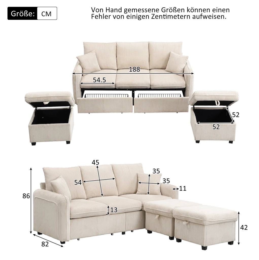 Divano modulare con 2 pouf contenitore e funzione letto; in tessuto cord beige