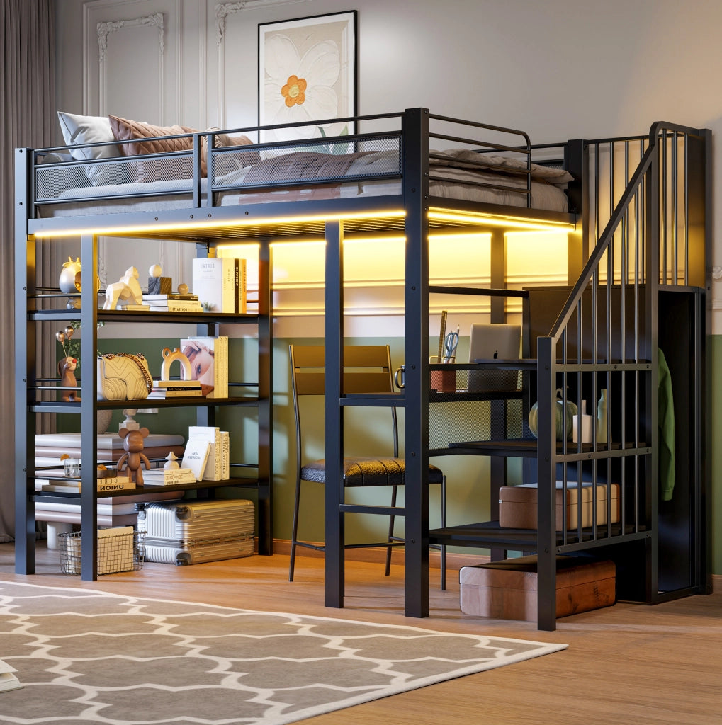 Letto a castello multifunzionale 90x200 con scrivania, ripiani e scala reversibile