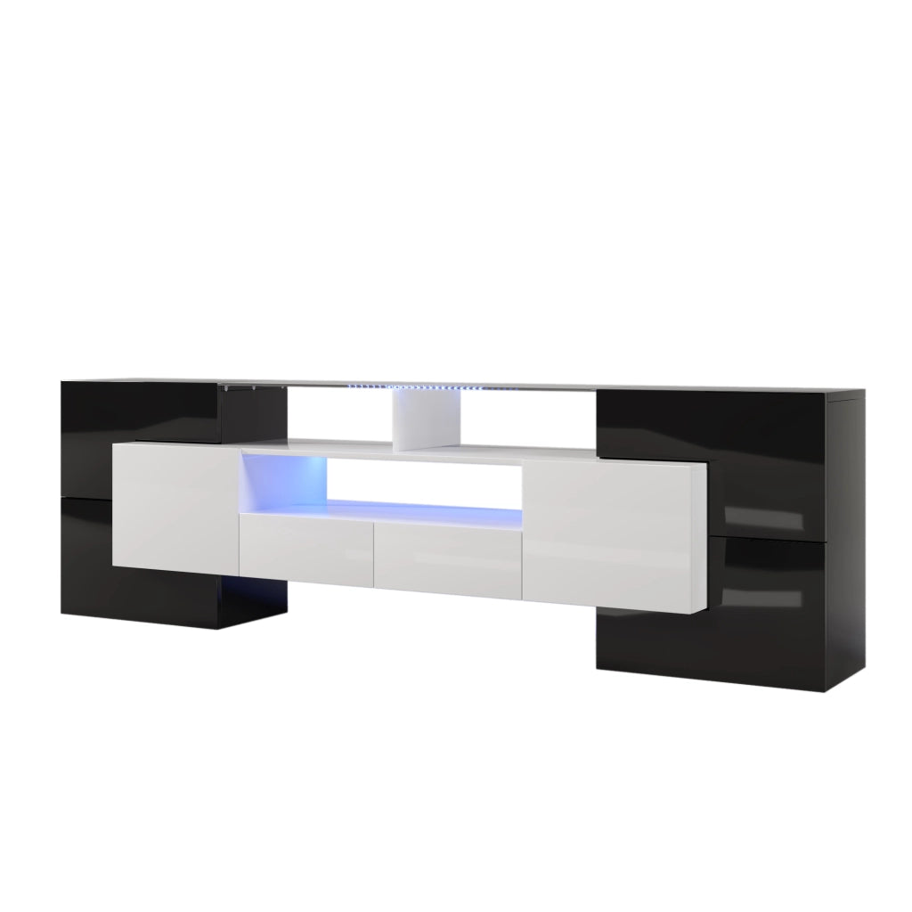 Mobile TV moderno 200 cm in bianco e nero lucido con LED, 4 ante, 2 cassetti e 3 vani