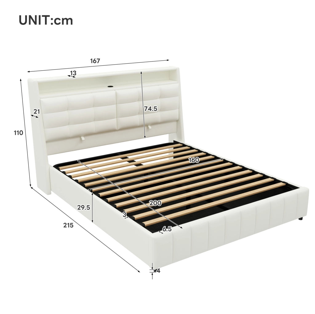 Letto imbottito 160x200 cm con contenitore; LED e USB in PU bianco