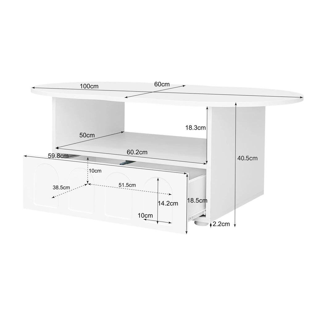 Tavolino da salotto con 1 Cassetto e 1 Vano aperto; Piano a Nuvola; per Soggiorno; in Pannelli di particelle; 100 × 60 × 40.5 cm; Bianco