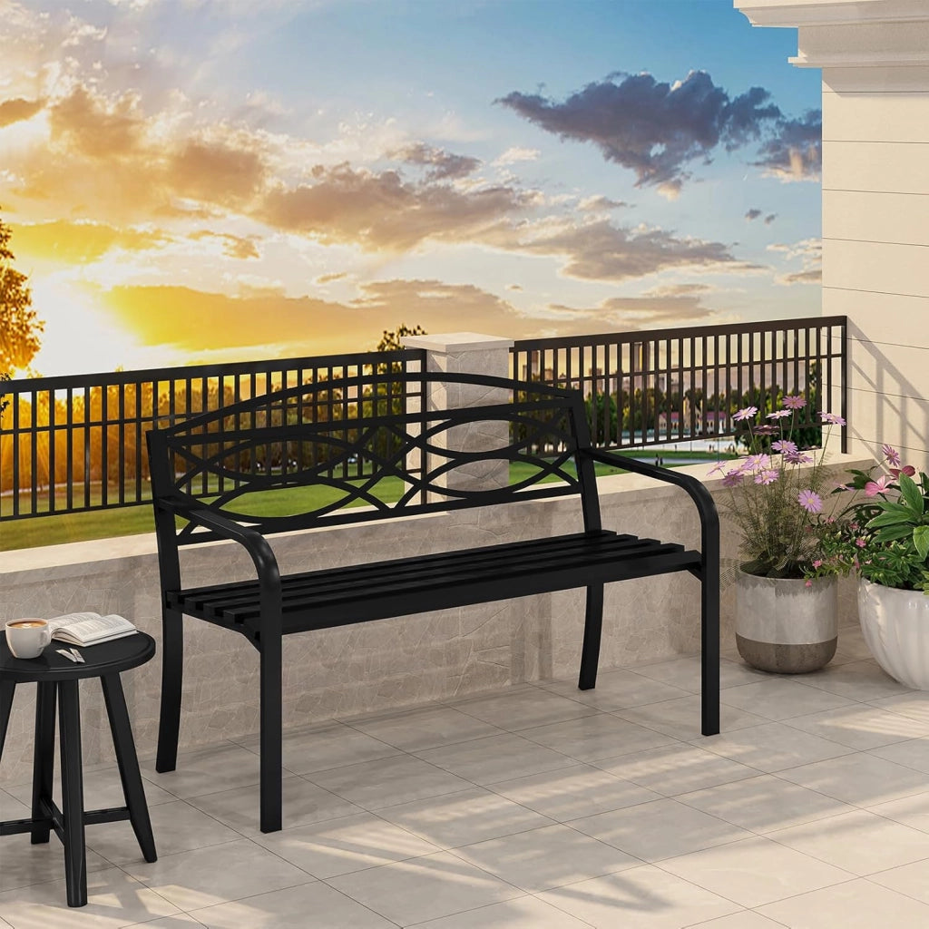 Panchina da Giardino in Metallo, Panchina da Esterno per 2 o 3 Persone, con Schienale e Braccioli, Panca per Patio Parco Terrazzo, 127x59,5x83cm, Nero