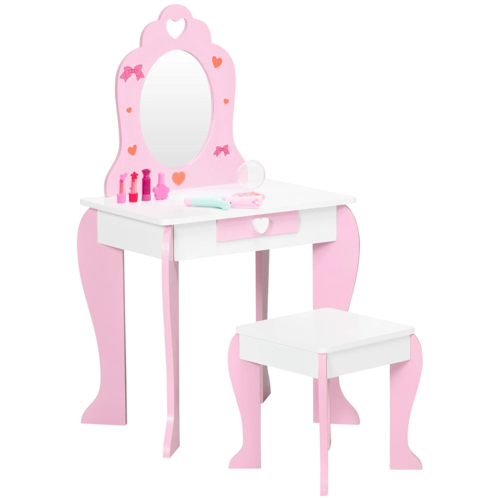 Set Tavolo Trucco con Sgabello, Specchio e Cassetto per Bambini ¨C Zephmum ¨C Bianco e Rosa, MDF