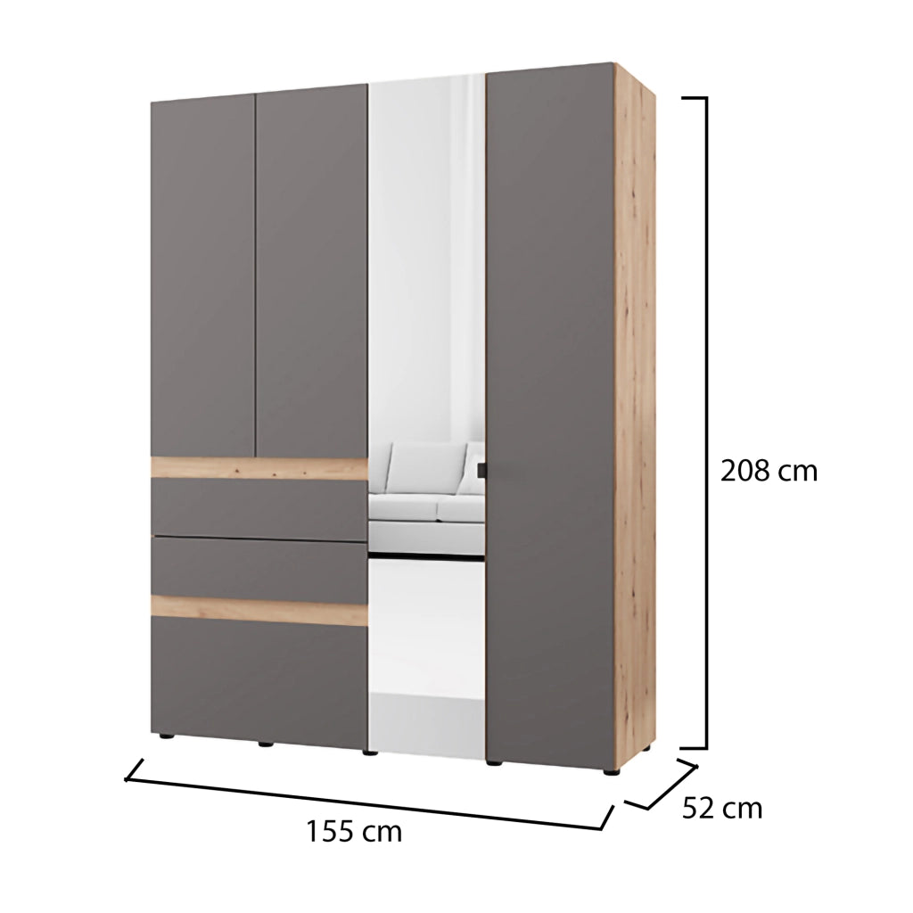 Armadio Camera da Letto Ushuaia, Guardaroba Grande 3 Ripiani, 155x208h cm Nero Antracite
