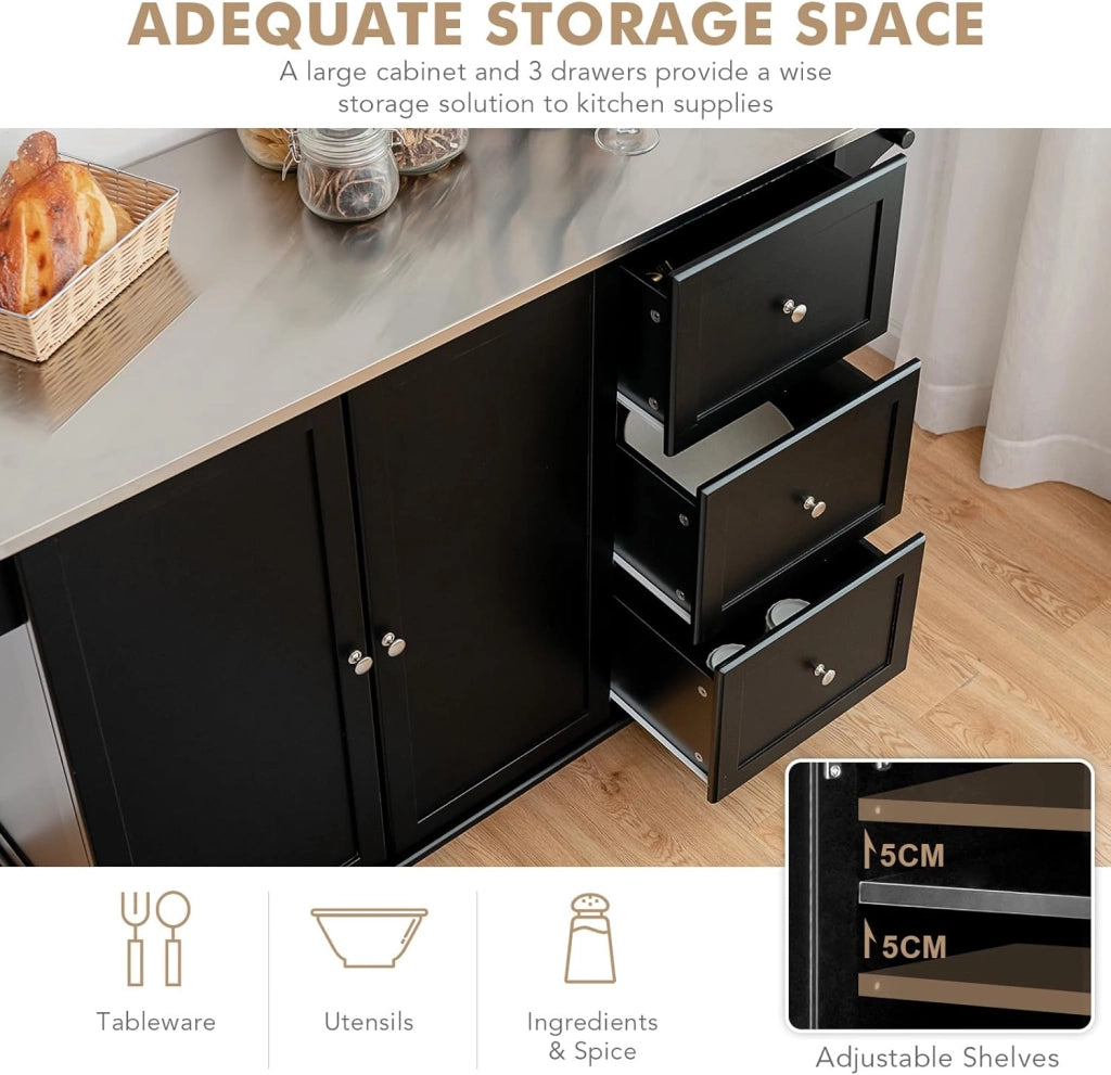 Carrello da cucina con piastra in acciaio inox, armadio da cucina con ruote, isola da cucina mobile con 3 cassetti e ripiani regolabili, carrello da portata in legno, carrello da cucina, 135 x
