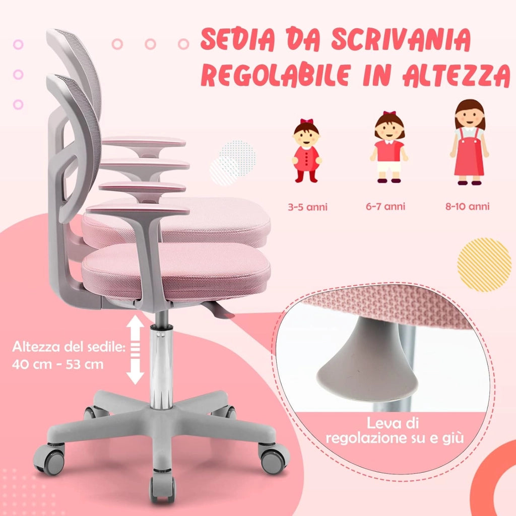 Sedia per Scrivania per Bambini, Sedia per Computer con Altezza Regolabile, Ruote, Sedile Girevole a Rete, Mobile Ergonomica per Bambini 3-10 Anni 3-10 Anni (Rosa)