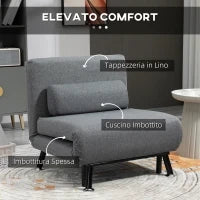 Poltrona Letto con Schienale Regolabile in 5 Posizioni, Tessuto Effetto Lino e Acciaio, 75x70x75 cm, Grigio