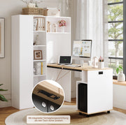 Scrivania pieghevole 104.5x30.5x160 cm con libreria integrata; presa USB; MDF bianco