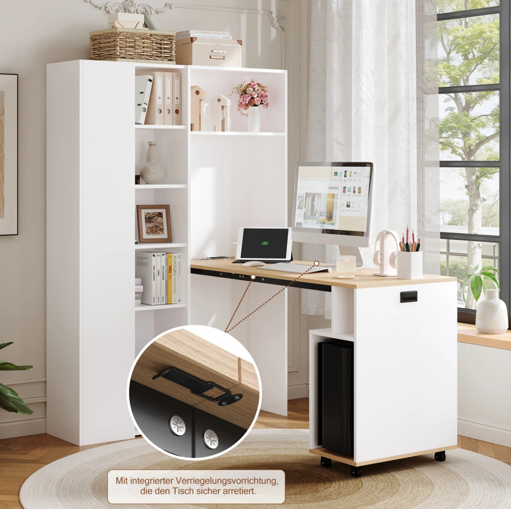 Scrivania pieghevole 104.5x30.5x160 cm con libreria integrata; presa USB; MDF bianco