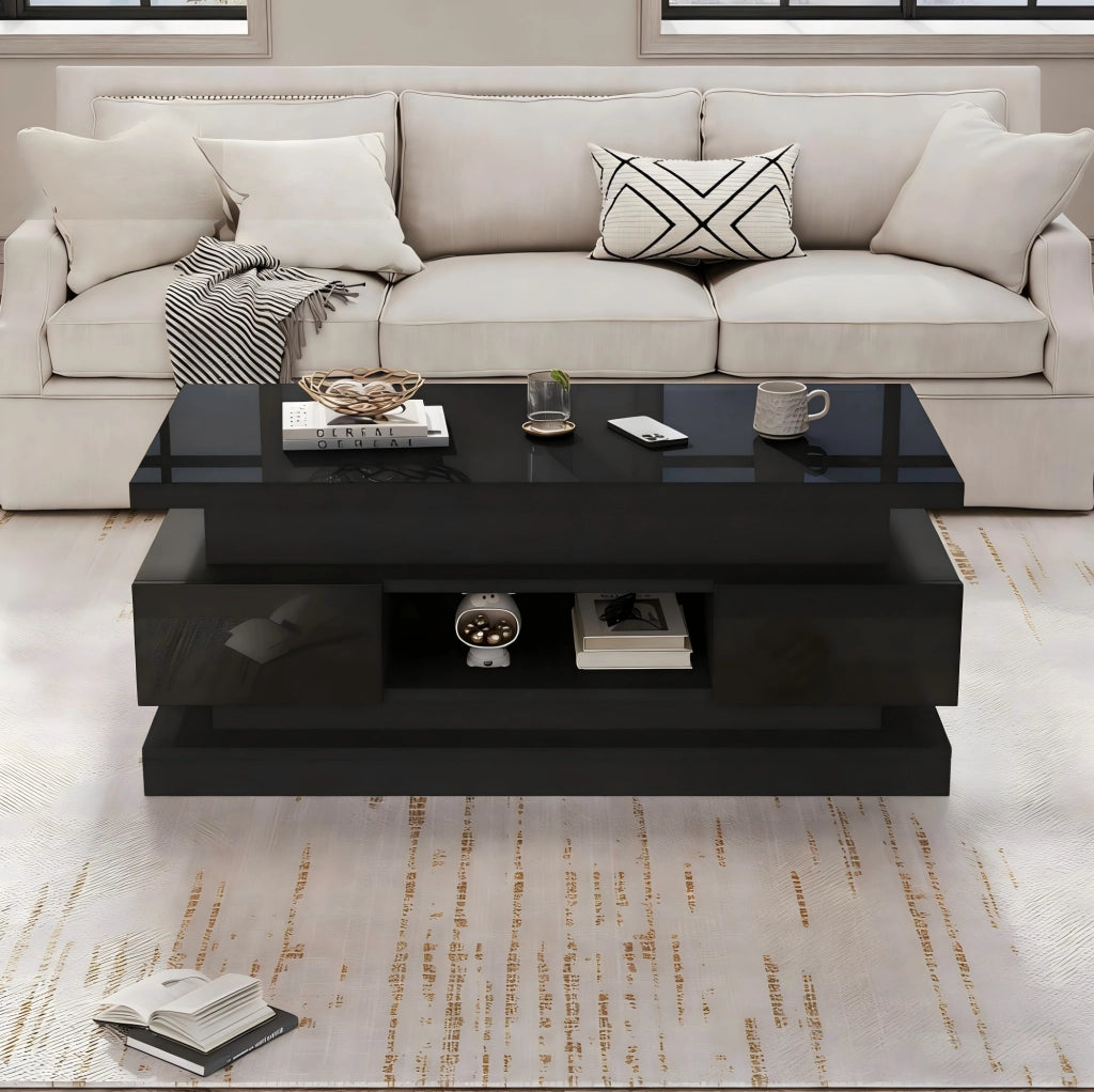 Tavolino da salotto sollevabile 100 x 50 x 40 cm in truciolare nero lucido con LED e 2 cassetti