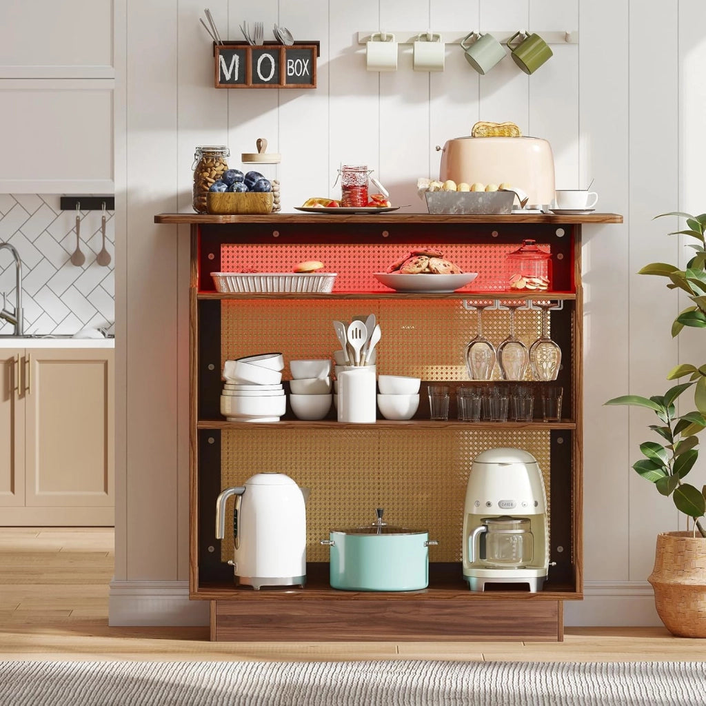 Tavolo da bar con deposito, tavolo alto da cucina con illuminazione a LED e superficie in rattan, bancone da cucina con 3 ripiani e portabicchieri, protezione antiribaltamento, 120x55x110 cm