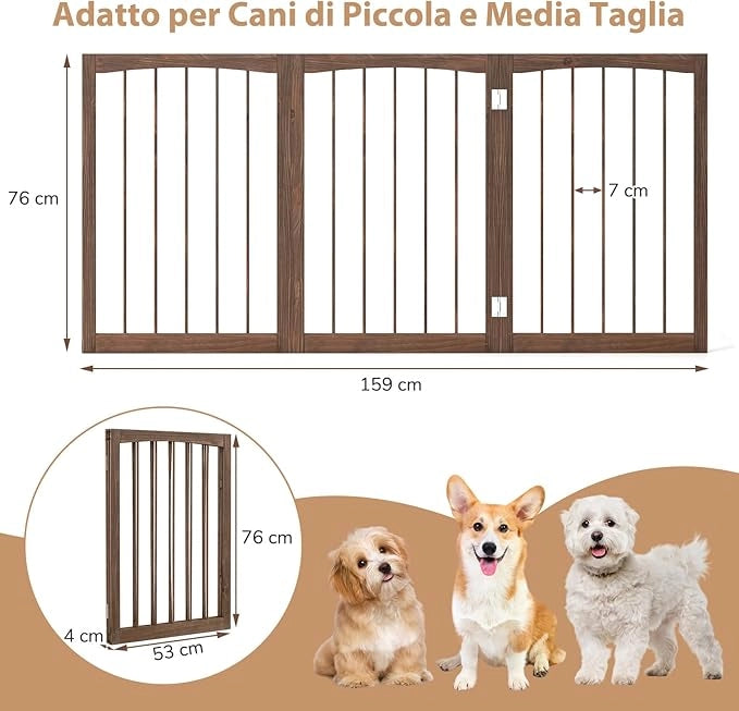 Cancelletto in Legno per Cani 159 x 76 cm, Recinto per Bambini, Cancello Pieghevole a 3 Pannelli per Porte, Scale e Corridoi (Naturale)