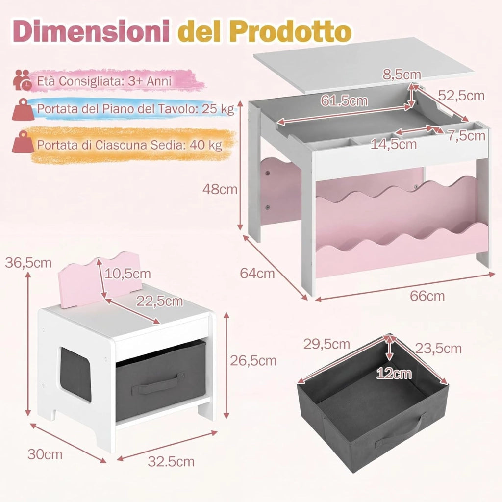 4 in 1 Set Tavolo e 2 Sedie per Bambini 3+ Anni (Rosa e Bianco) | Tavolo e Sedie con Lavagna Rimovibile, Sedia con Cassetto in Tessuto, Mobile in Legno Versatile per Cameretta e Soggiorno