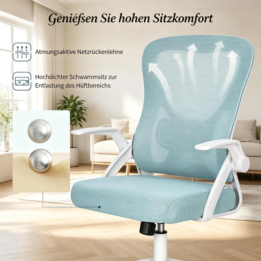 Sedia da ufficio ergonomica girevole in rete con schienale inclinabile e braccioli pieghevoli, in mesh blu