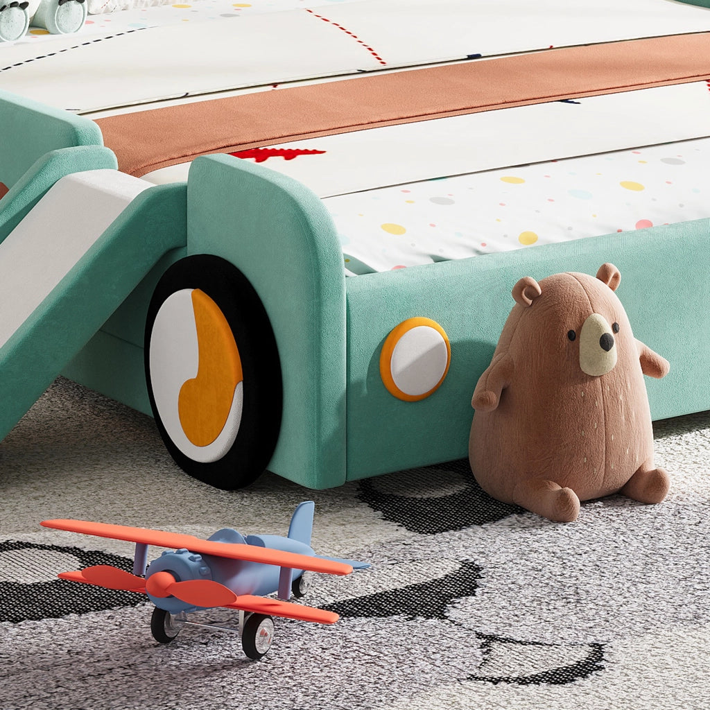 Letto per bambini 140 × 200 cm con scivolo e scala, montaggio sinistra/destra, senza materasso, in velluto bluverde