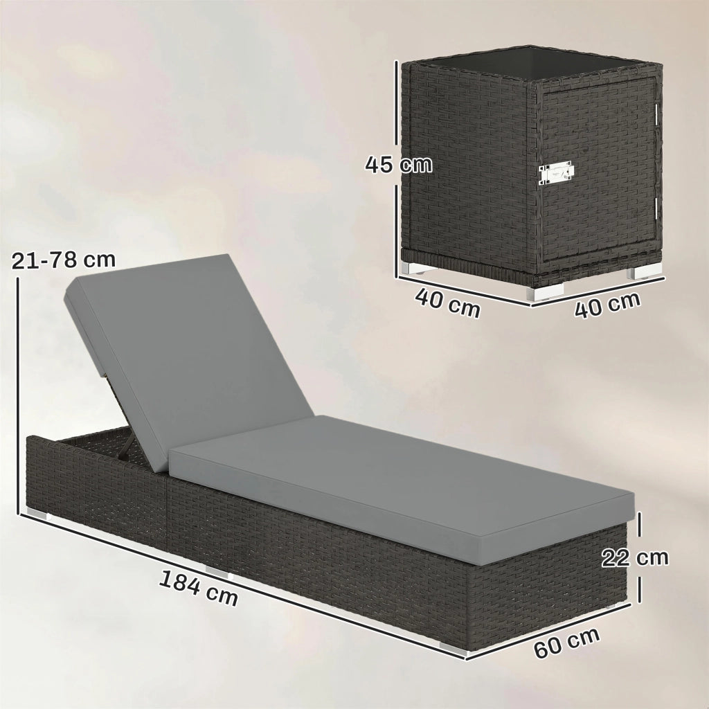Set 2 Sdraio da Giardino 184x60x22 cm con Tavolino Laterale e Schienale Regolabile in Rattan Grigio Scuro