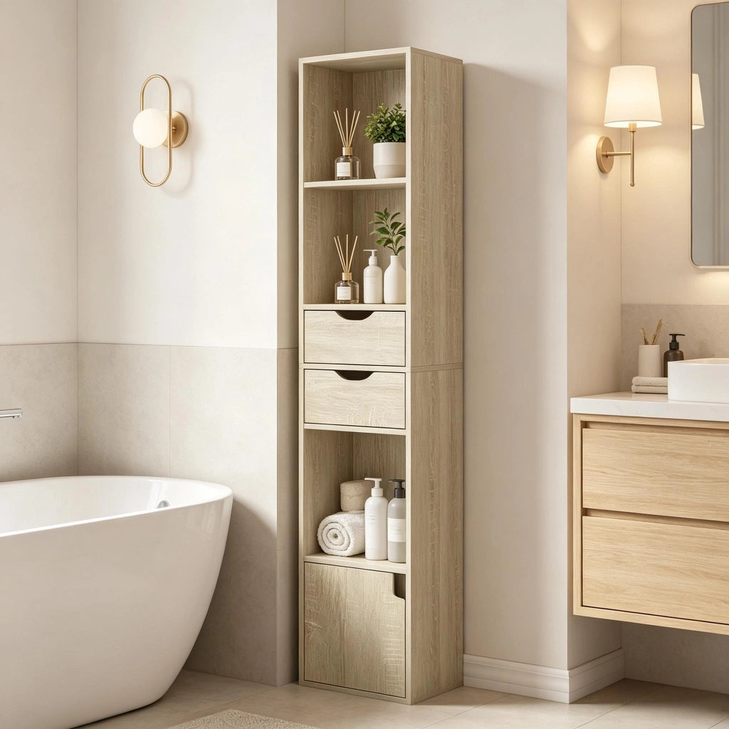 Libreria con 3 vani aperti 2 cassetti e anta, per soggiorno, in legno rovere chiaro 30 × 157,5 × 24 cm