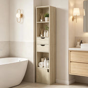 Libreria con 3 vani aperti 2 cassetti e anta, per soggiorno, in legno rovere chiaro 30 × 157,5 × 24 cm