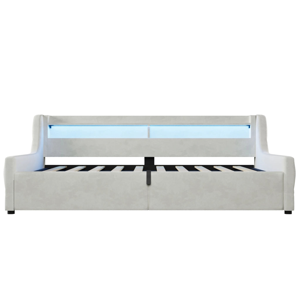 Letto imbottito 90x200 cm con contenitore idraulico; LED; flanella e MDF; Off White