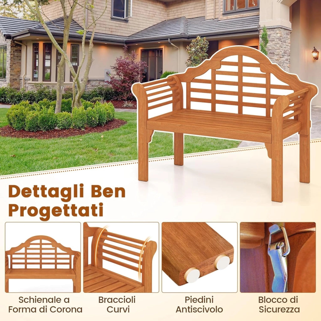 Panchina da Esterno Pieghevole, Panchina in Legno Massello con Braccioli Curvi e Schienale, Panchina da Giardino, Balcone e Cortile, Portata 360 kg, 123 x 54 x 96 cm (Modello 3)