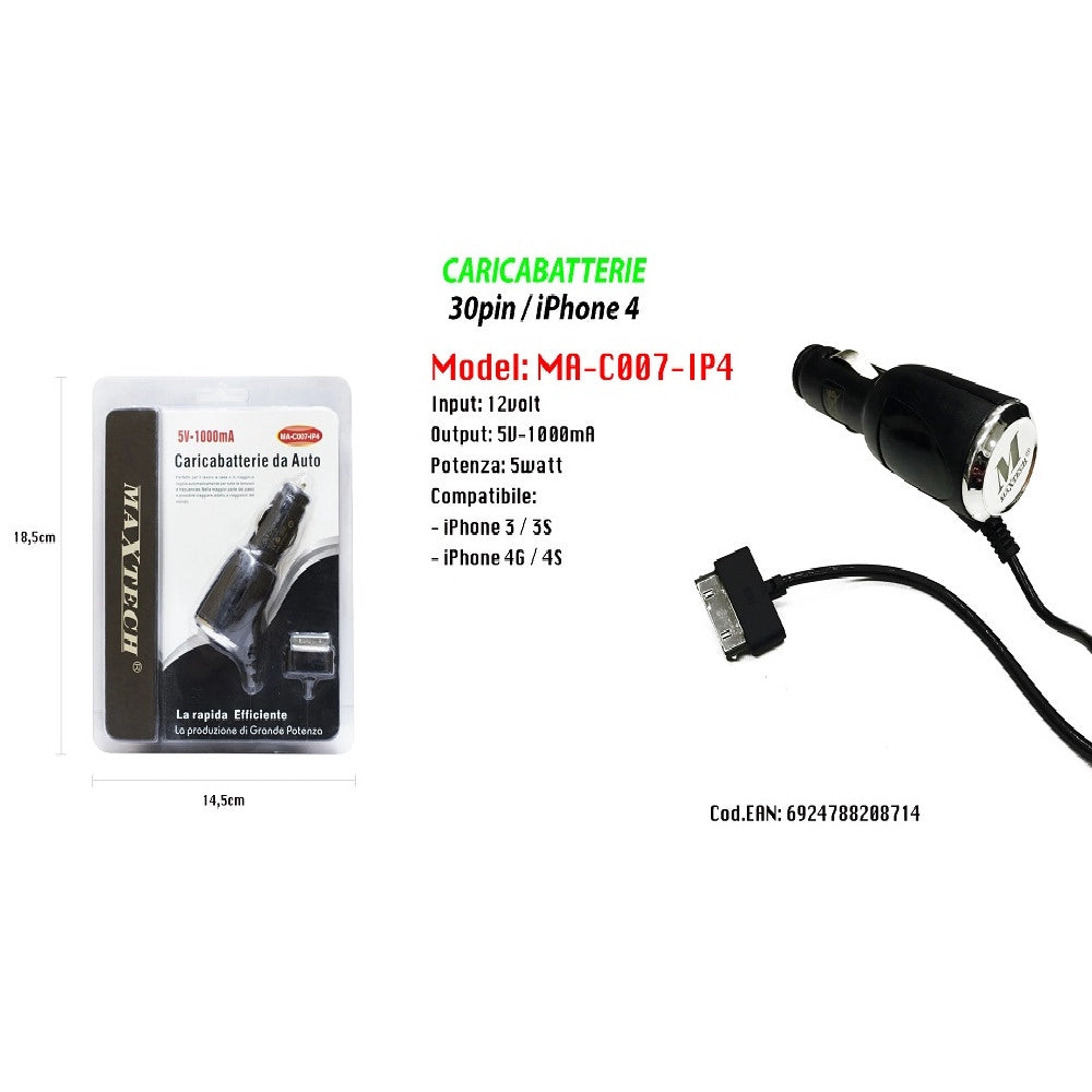 Trade Shop - Caricatore Usb Da Auto Caricabatteria Ricarica Smartphone Ip4 5v-1000ma Maxtech Ma-c007-ip4 -