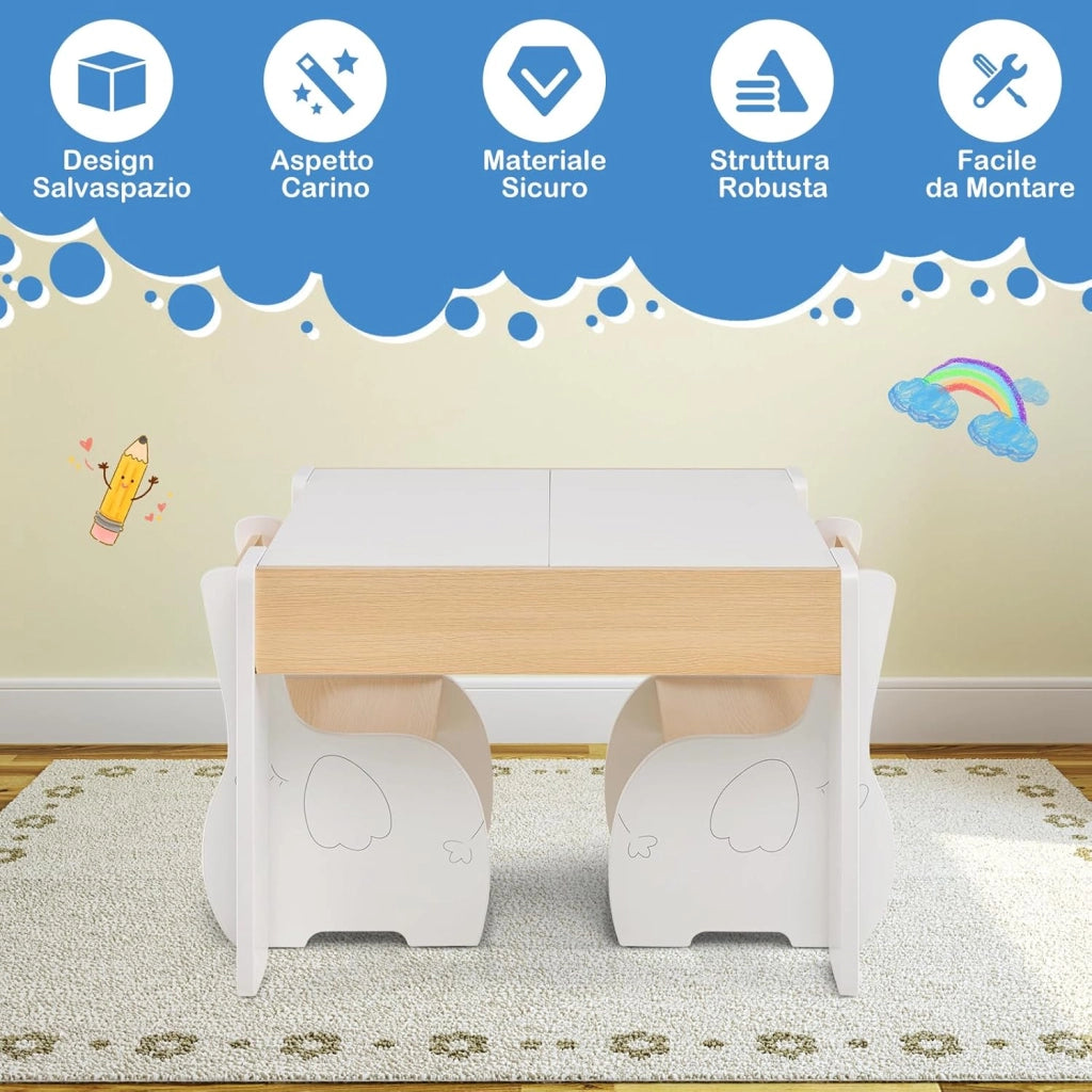 3 in 1 Set Tavolo e Sedie per Bambini, Tavolo da Attività per Bambini con 2 Sedie, Lavagna Rimovibile e Deposito, per Giocare, Disegnare e Leggere, in Legno (bianco)