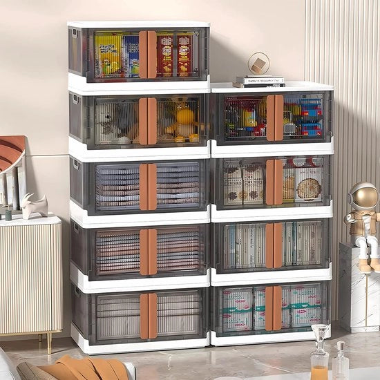 Scatola di archiviazione con coperchio, 72 litri, grandi scatole da pile, scatola a coperchio trasparente, pieghevole con ruote, scatole di archiviazione per bagno, cucina, giocattoli, campeggio, 1 pezzo