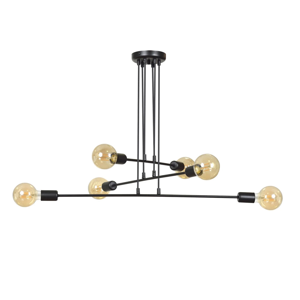 Lampadario Industrial 6 Luci Multiplo In Acciaio Nero A Bracci