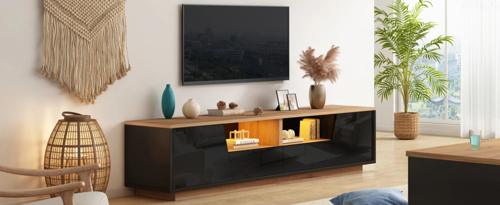 Mobile porta TV con LED 2 ante 2 cassetti e 2 vani semiaperti frontale lucido per soggiorno nero 180 × 40 × 46 cm