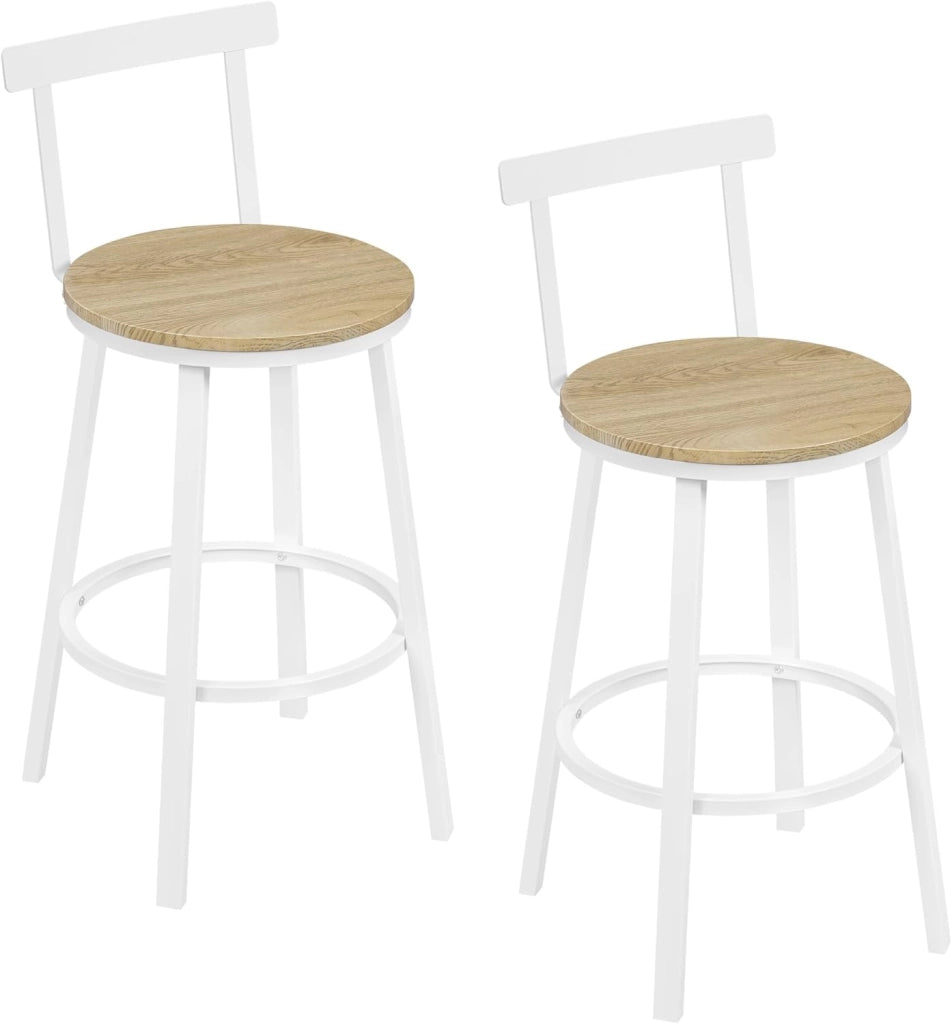 Sgabelli Cucina Set di 2, Sgabelli da Bar per Colazione, con Poggiapiedi e Schienale, Struttura in Metallo, Effetto Legno Chiaro