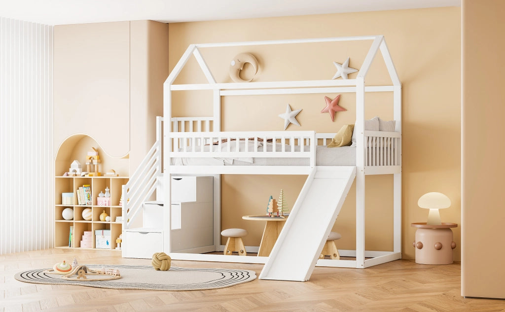 Letto a castello con scivolo e scala portaoggetti in legno bianco 90x200 cm