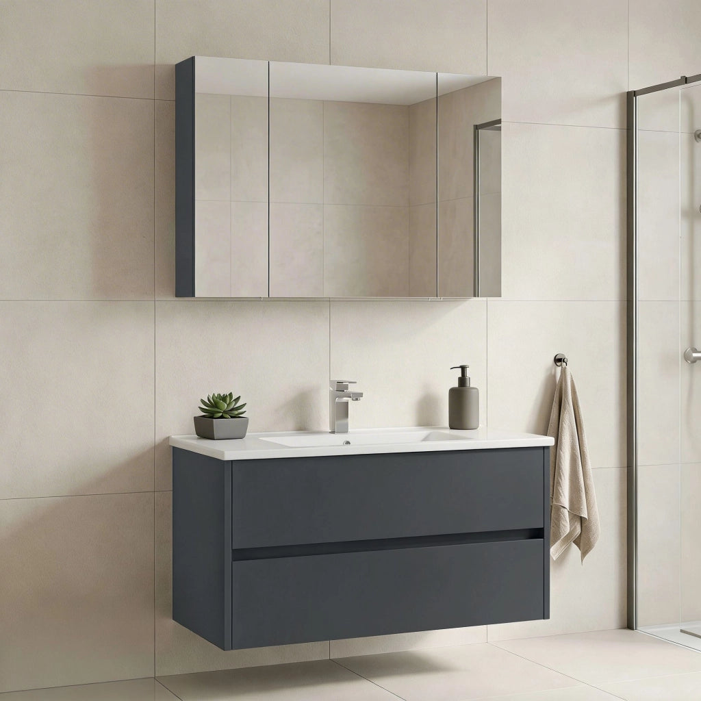 Set mobile lavabo con specchio (2 pezzi) "Side 100 v3" - 100 x 16 x 52 cm - Antracite opaco