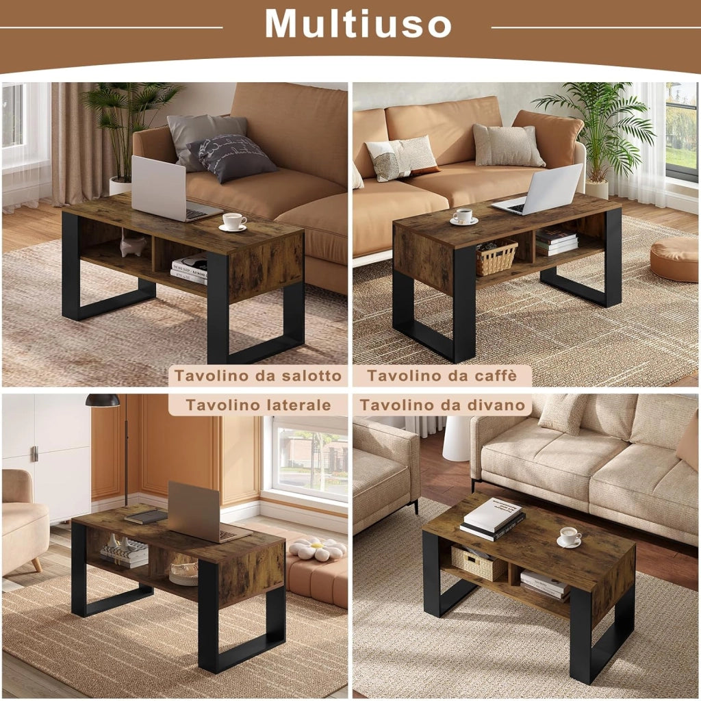 Tavolino da Salotto/Divano con 2 Scomparti Aperti, Tavolino Basso, Tavolo Laterale per Soggiorno, Camera da Letto, in Legno, Marrone Rustico + Nero, 90x45x45 cm, BTS16hov