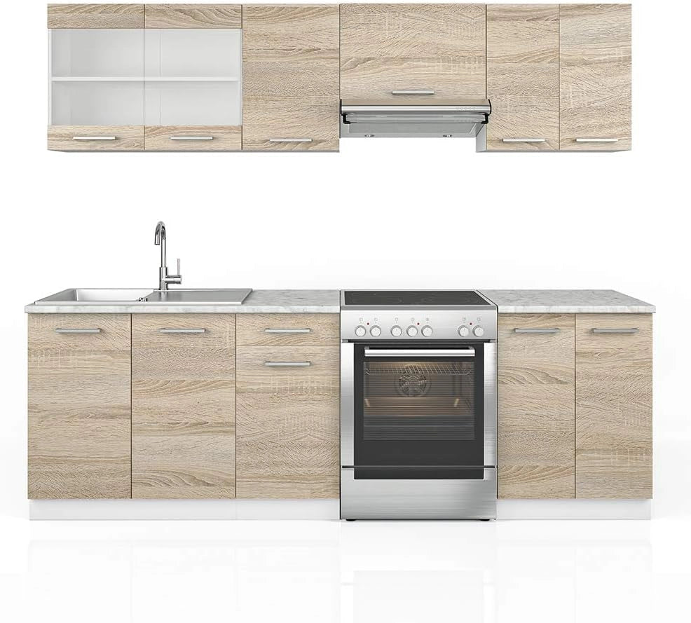 Mobile da cucina R-Line, Beige, 240 cm, PL Rovere, con moduli posizionabili variabilmente e piedini regolabili in altezza