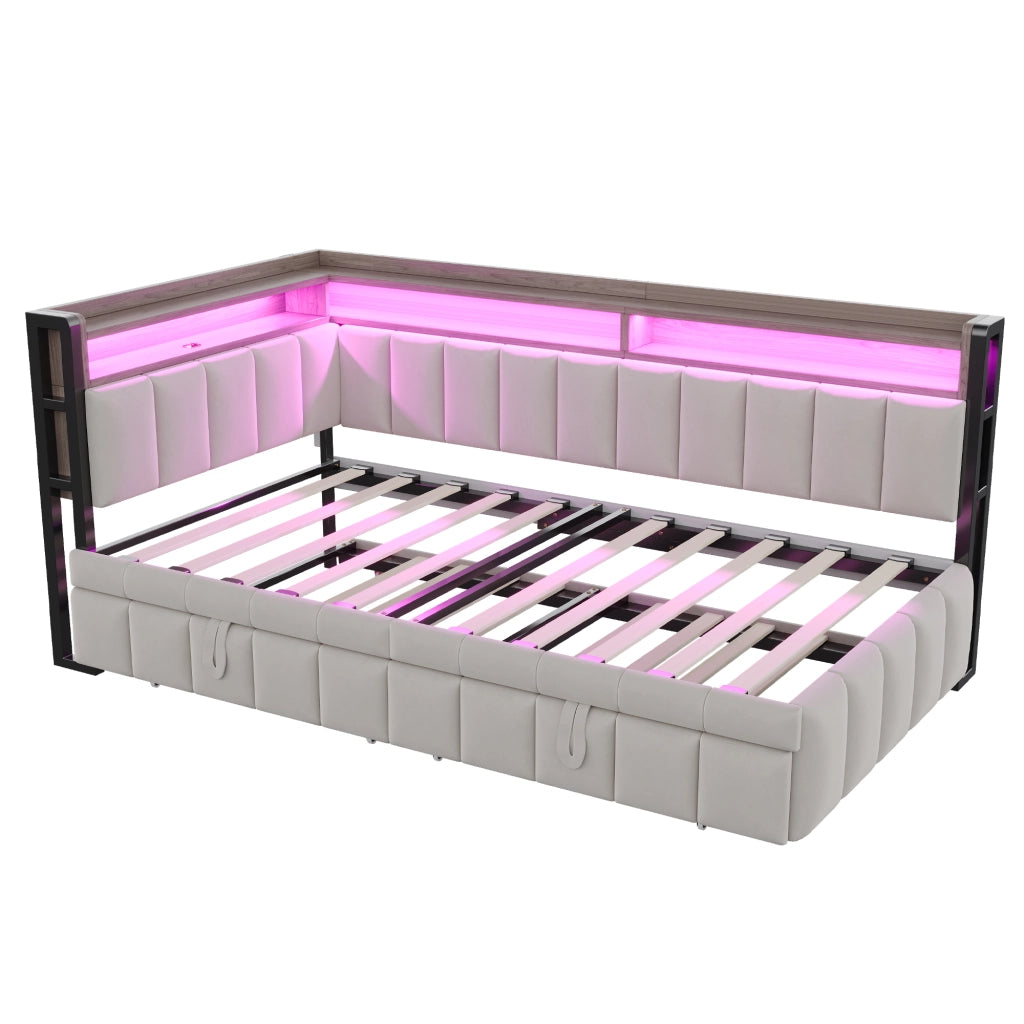 Letto estraibile singolo 90×200 cm con LED; ripiani; USB e type-C; senza materasso; tessuto; grigio