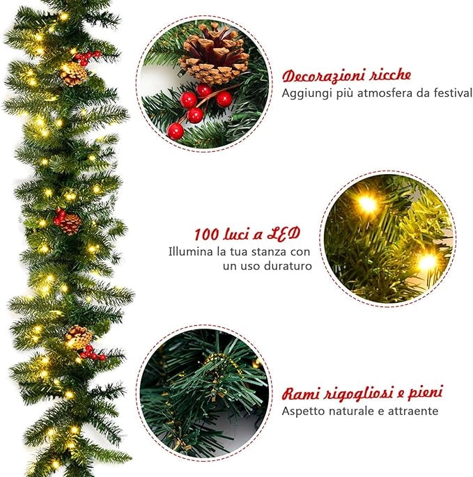 Ghirlanda di Natale di Pino Illuminata 270 cm, Ghirlanda Artificiale in Rattan di Natale con 100 luci LED, Ghirlanda Decorativa Illuminata con Timer, Ideale per Uso Interno ed Esterno