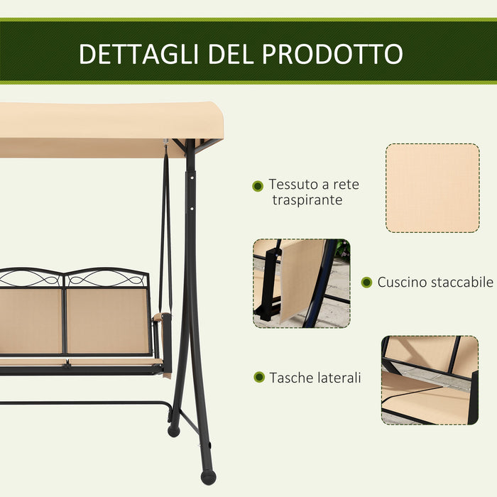 Dondolo da Giardino 2 Posti con Tetto Parasole Regolabile e Tasche Laterali Beige