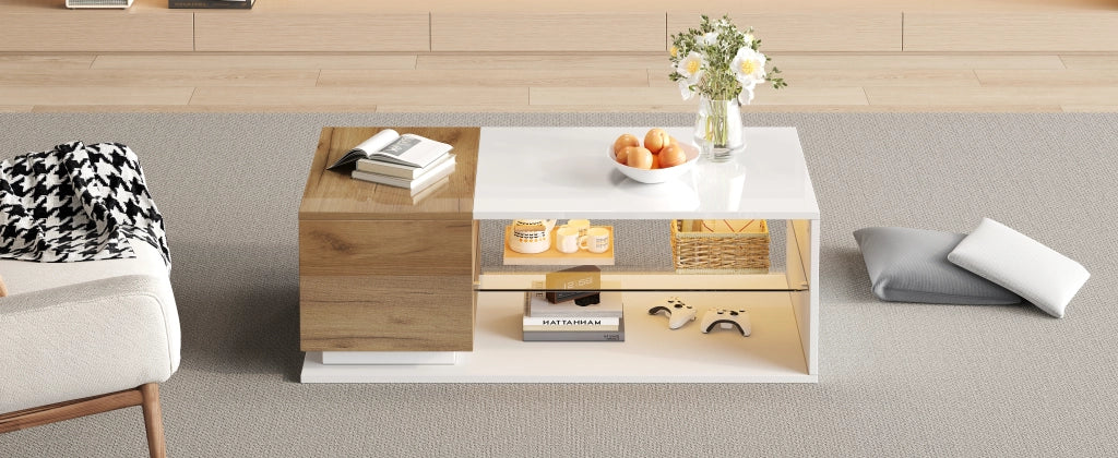 TAVOLO da caffè LED 105x50x36 cm Bianco/Rovere in pannello di legno e vetro