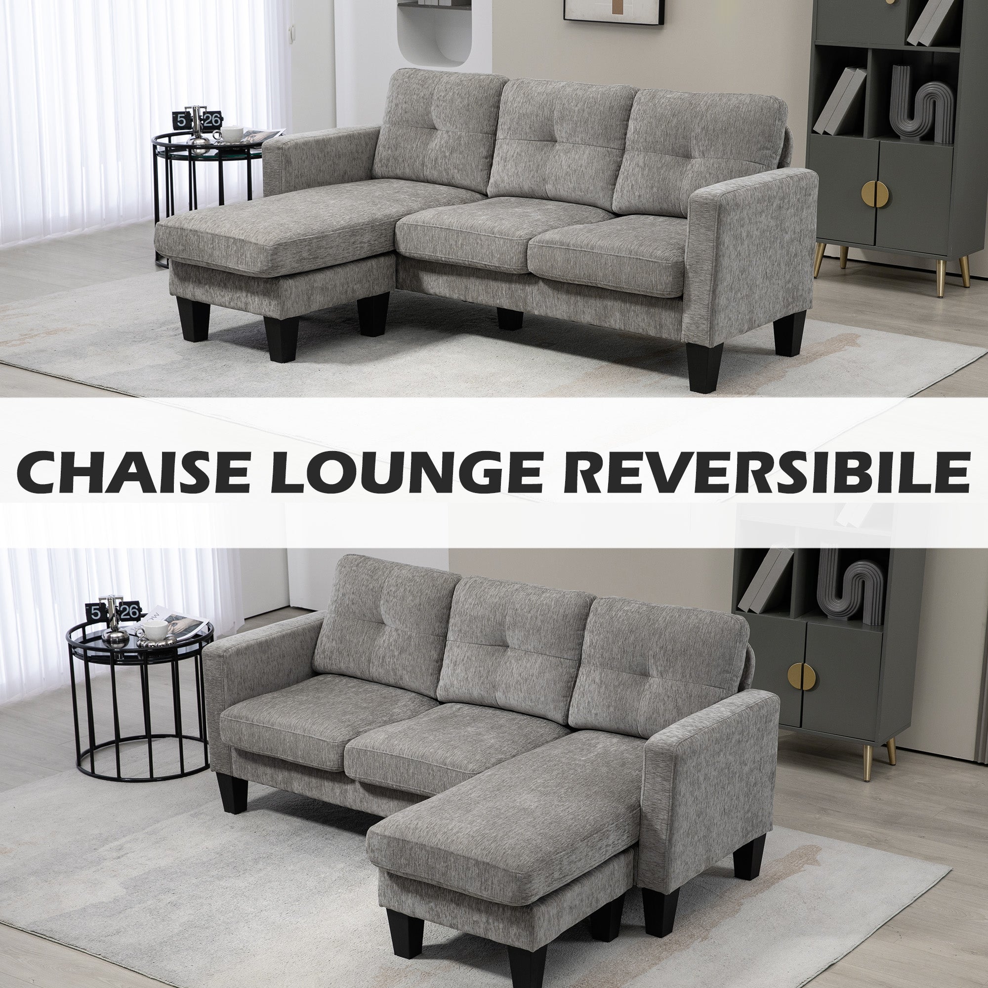 Divano 3 Posti Angolare con Penisola 186x130x84 cm in Tessuto Effetto Ciniglia Tortora