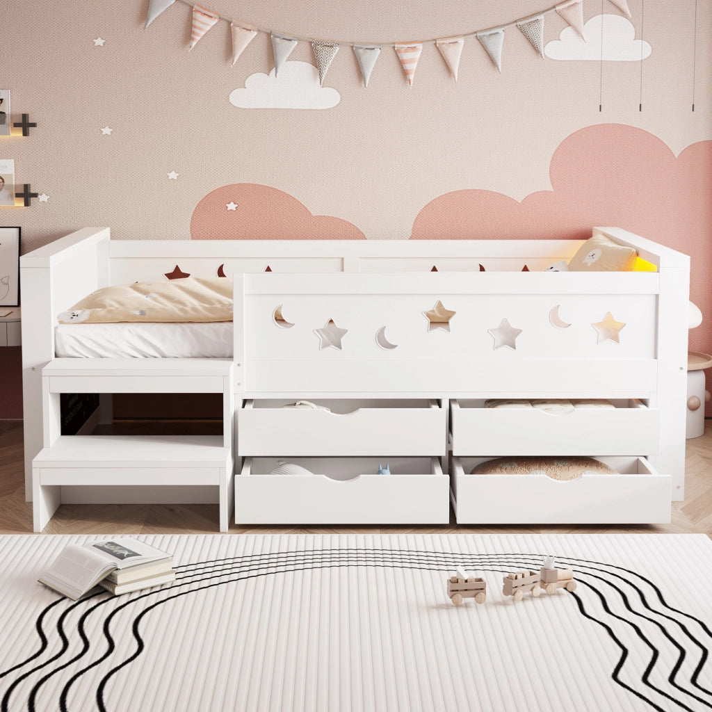 Letto singolo per bambini 90x200 cm con LED, lavagna e cassetti
