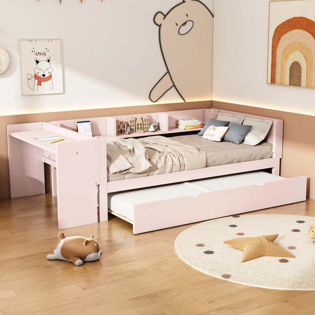 OKWISH Letto estraibile 90×200 cm, Letto Singolo con Letto estraibile, Scrivania e 3 Mensole, senza Materasso, in Pino e MDF, Rosa