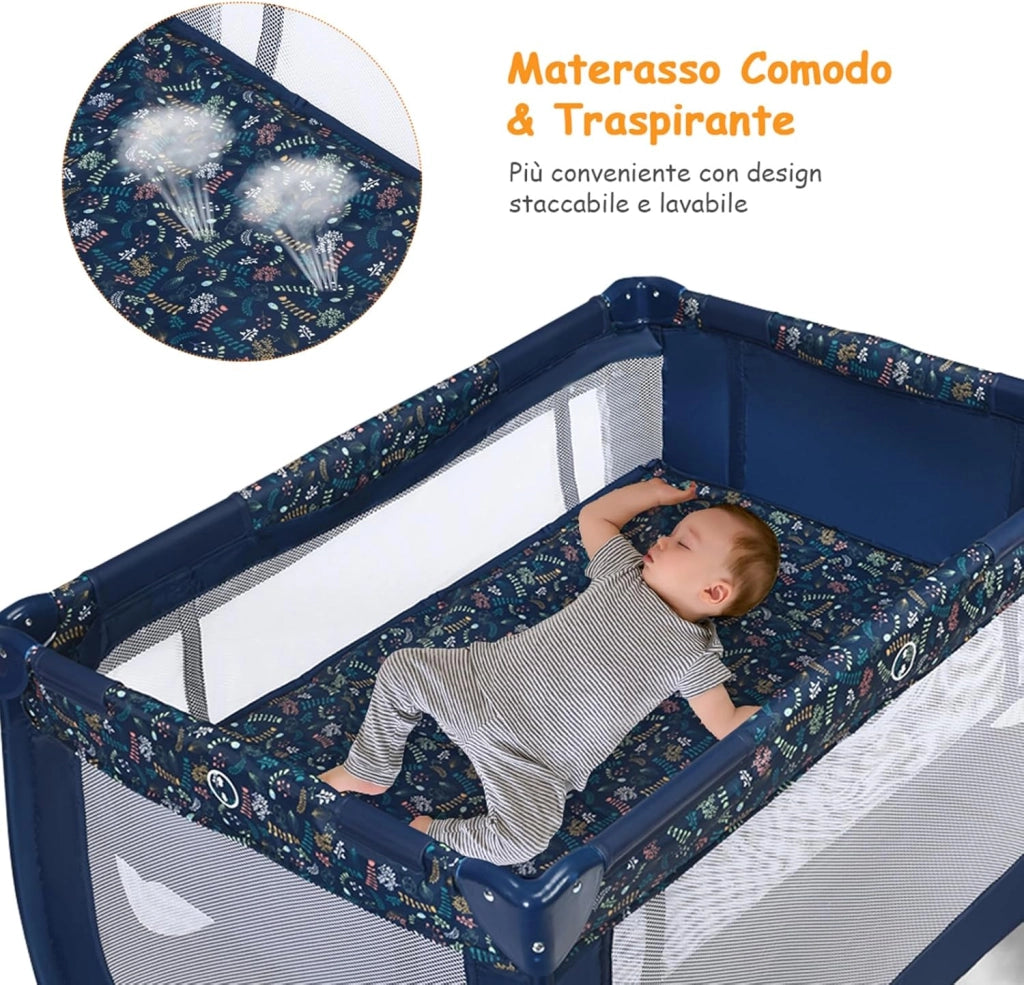 Lettino da Campeggio con Materasso, Lettino per Bambini Pieghevole, Culla da Viaggio Portatile con 2 Ruote, Per Bambini 0-36 Mesi, 125 x 65 x 76 cm (Blu)