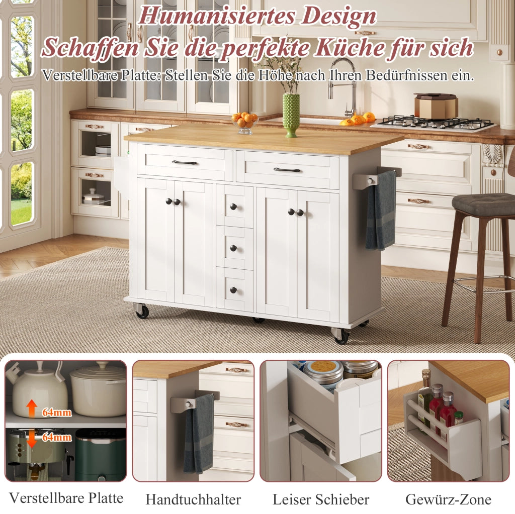 Carrello cucina con piano pieghevole, 5 cassetti e ruote