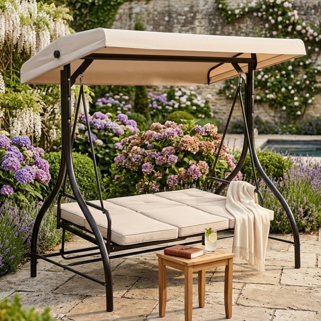 Dondolo Da Esterno 3 Posti Con Copertura Parasole Seduta Regolabile Convertibile In Letto Telaio In Acciaio Per Giardino Patio E Terrazza 195 X 120 X 175 Cm Beige