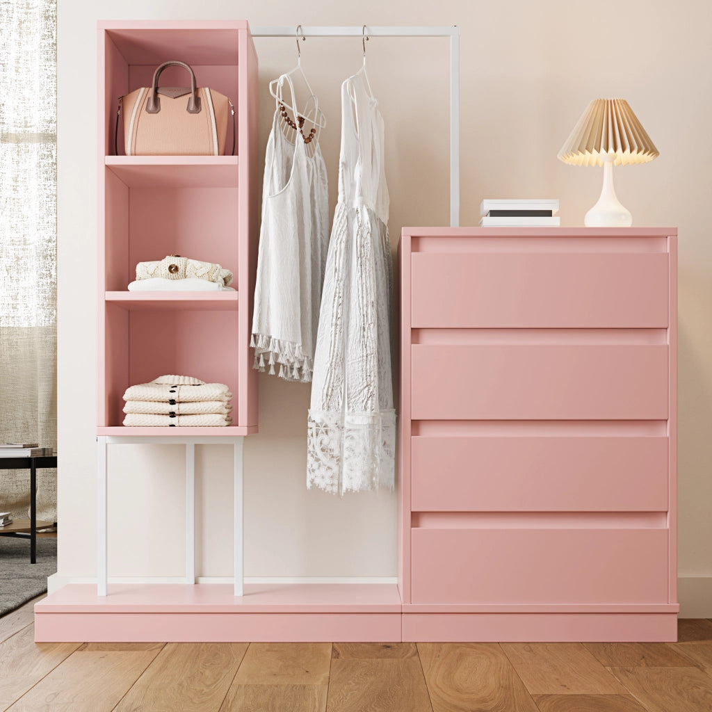 Armadio con 4 cassetti e 3 vani aperti, per ingresso, soggiorno e camera, in truciolare e metallo, rosa, 140 × 40 × 135 cm