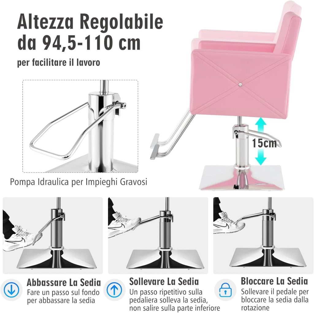 Poltrona da Parrucchiere, Poltrona da Barbiere con Altezza Regolabile, Sedia da Barbiere Girevole a 360°, con Pompa Idraulica Pesante, per Parrucchiere, Portata 150 kg (Rosa)