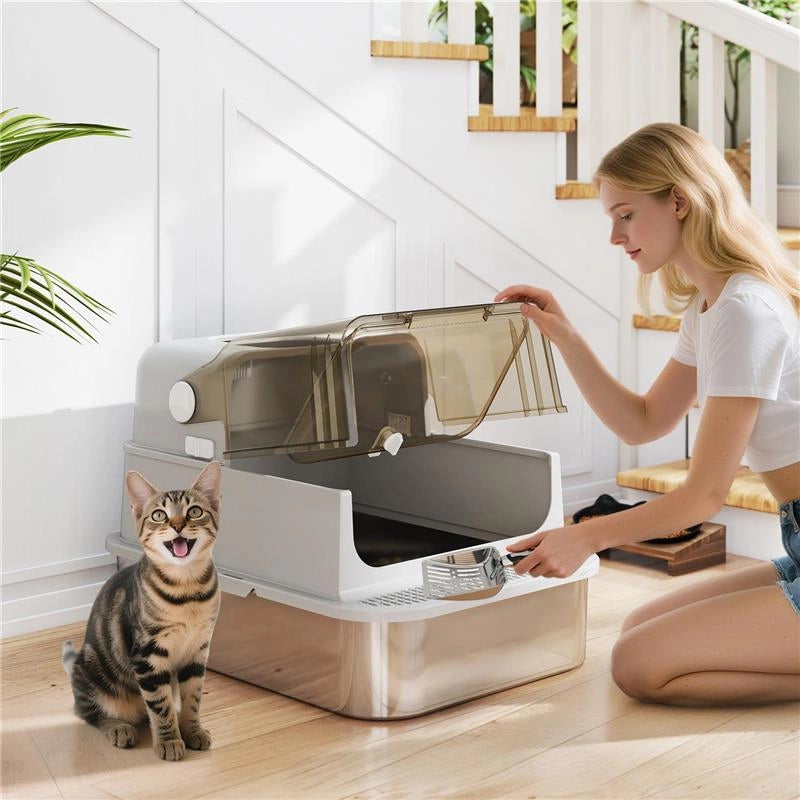 LETTIERA PER GATTI CHIUSA XXL IN ACCIAIO INOX, COPERCHIO APRIBILE A 90¦ E DOPPIE PORTE, 70X50X46.5 CM, GRIGIO