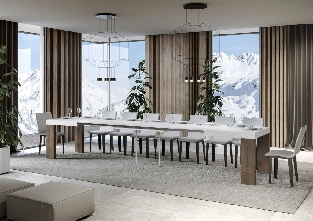 Tavolo Allungabile 130/390x90x77 cm Roxell Mix piano Bianco Frassino gambe Noce