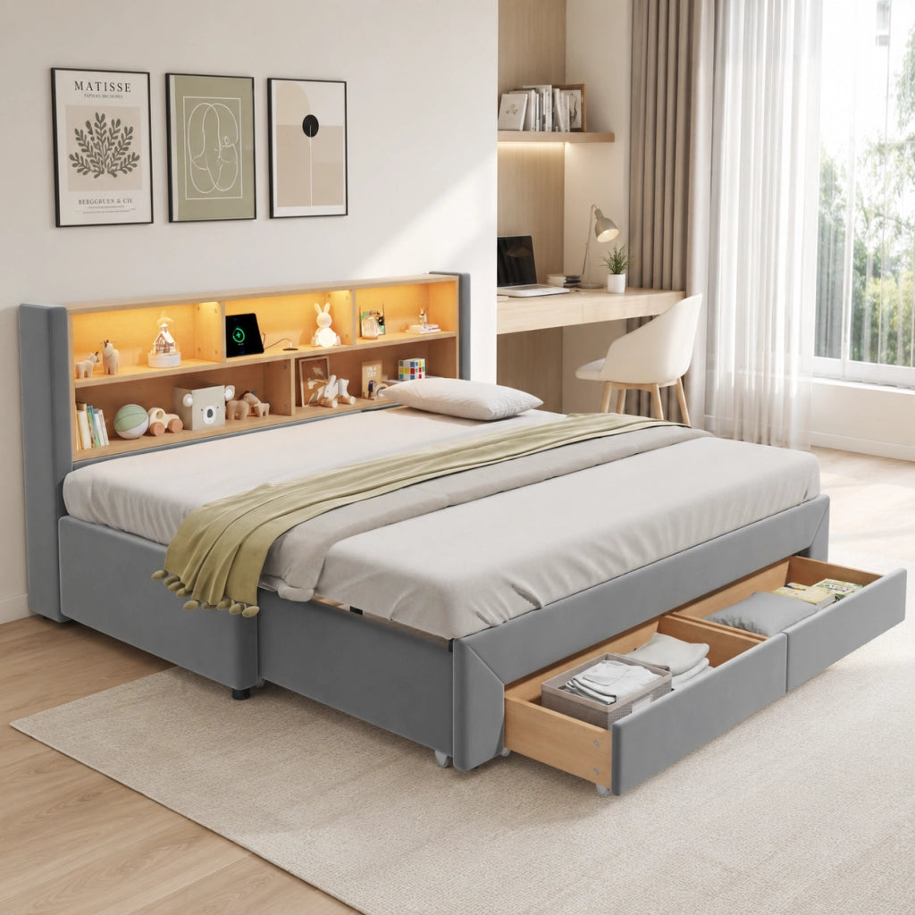 Letto a Divanetto Estraibile 90x200 cm; USB; Type-C; LED; Cassetti; Vani; in Velluto; Grigio