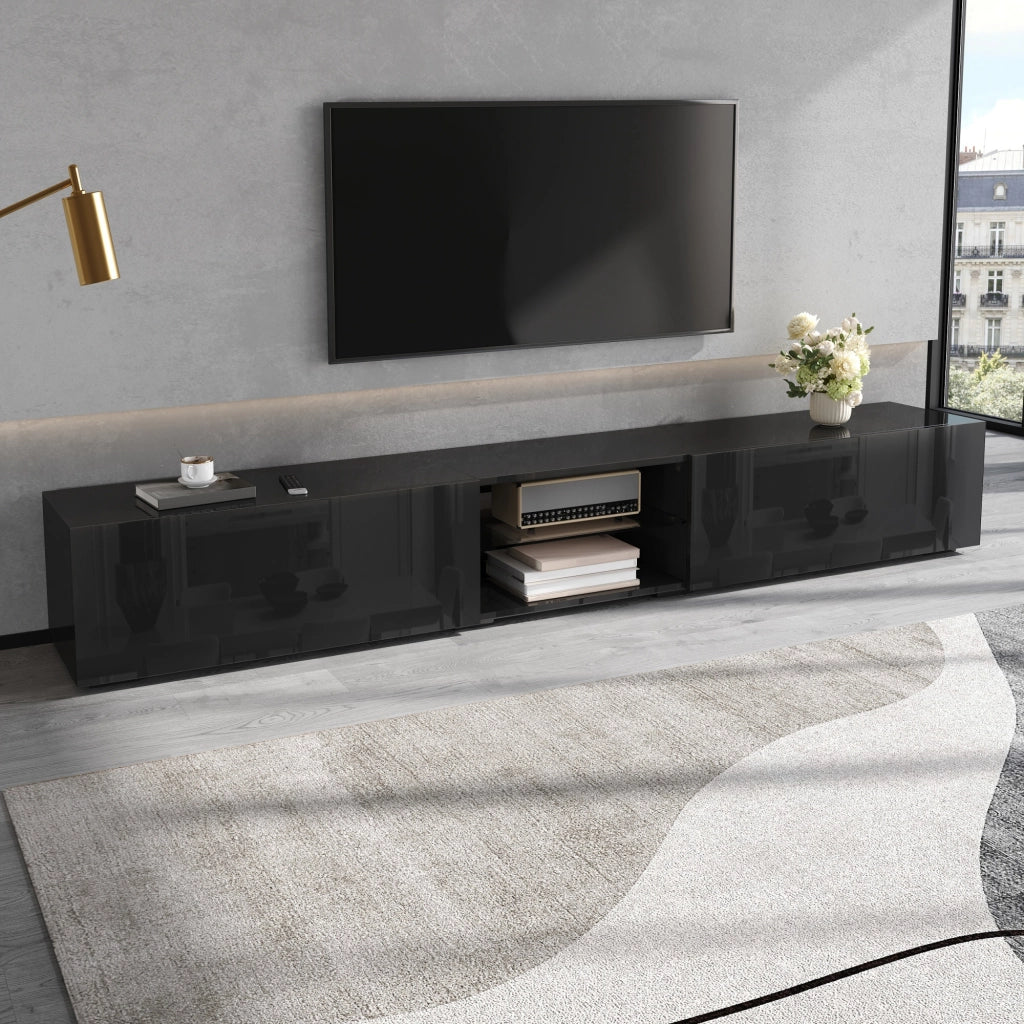 Mobile porta TV con LED e 2 ante a ribalta, vano aperto con ripiano trasparente e passacavi, nero, 200 × 30 × 30 cm